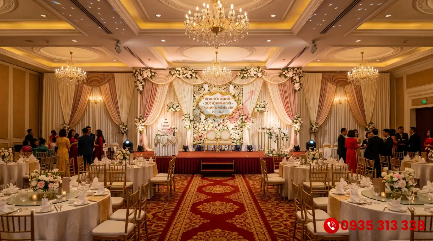 Kích thước sân khấu tiệc cưới tiêu chuẩn 6m x 4m được lắp ghép từ hệ thống bục di động chuyên nghiệp