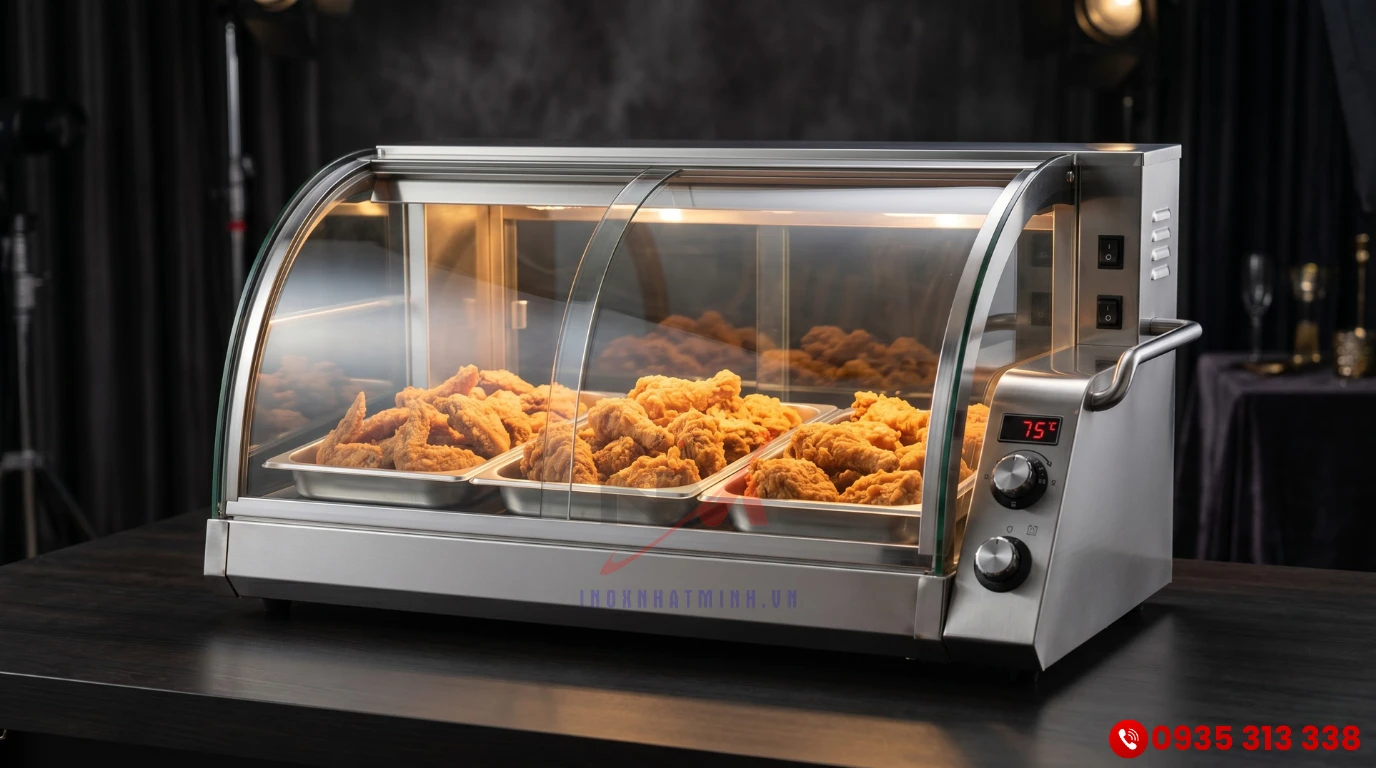 Tủ giữ nóng đồ chiên kính cong inox 304 bảo quản gà rán luôn giòn rụm