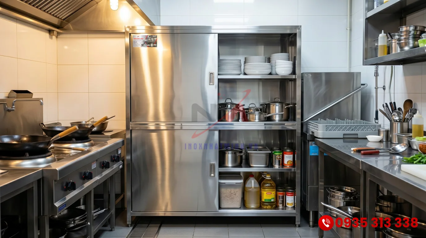 Mẫu tủ inox cửa lùa cao cấp tiết kiệm diện tích cho lối đi hẹp trong bếp công nghiệp
