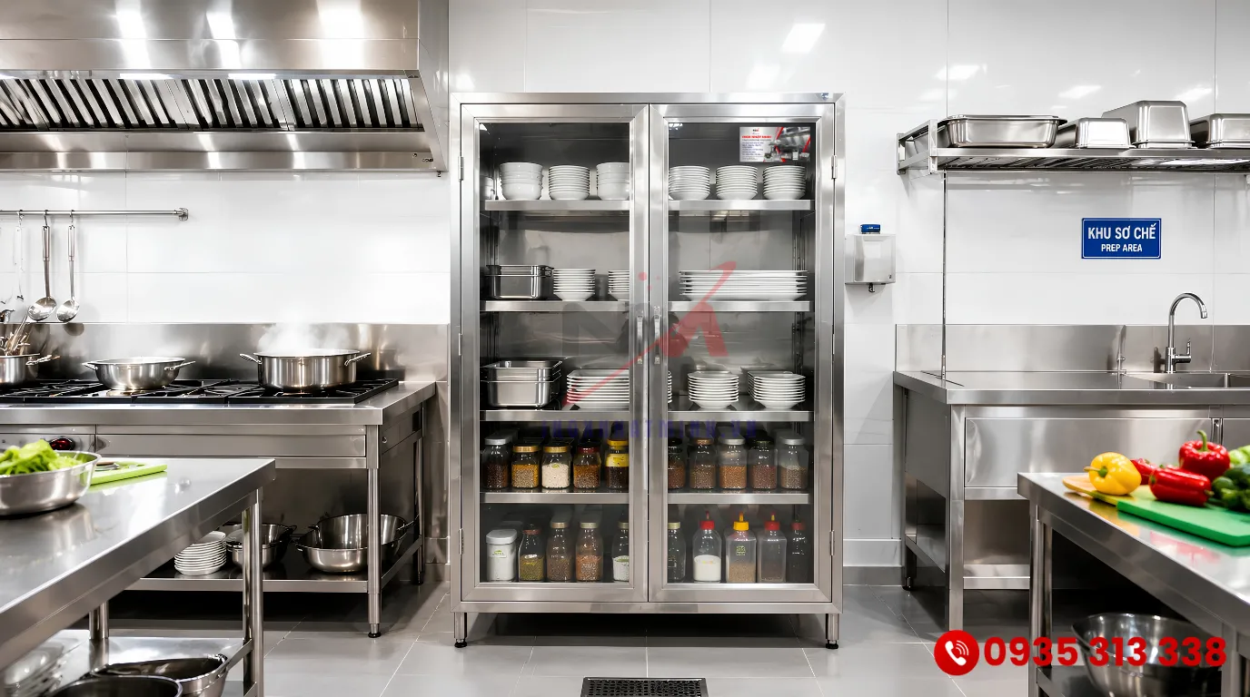 Tủ inox nhiều ngăn giúp tối ưu không gian lưu trữ cho bếp nhà hàng chuyên nghiệp