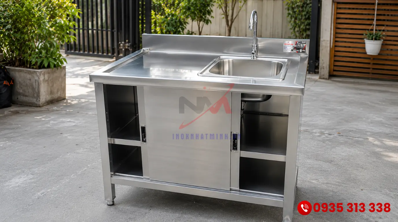 Tủ inox tích hợp chậu rửa và mặt bàn thao tác đa năng tiện lợi