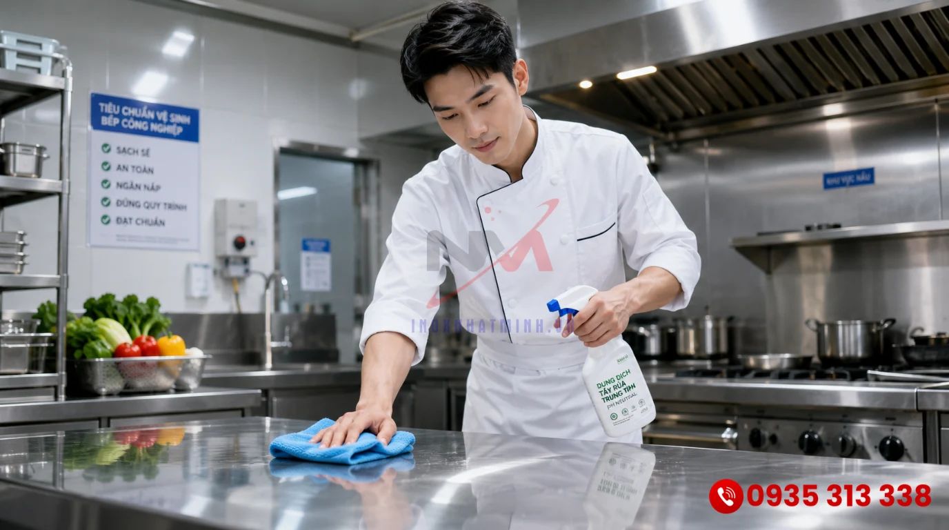 Nhân viên nhà hàng tiến hành vệ sinh làm sạch bàn sơ chế inox sau quá trình rã đông thịt cá