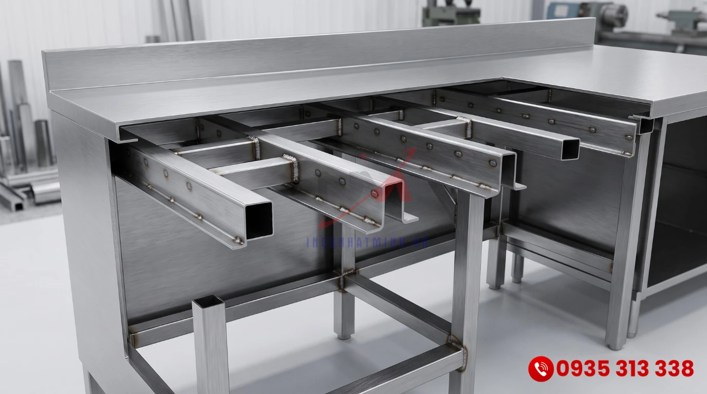 Cấu trúc thanh giằng gia cố chịu lực bên dưới quầy bar inox đạt tiêu chuẩn