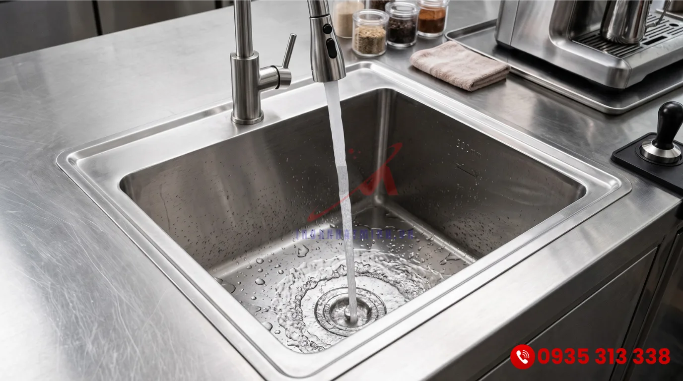 Chậu rửa công nghiệp inox sâu 300mm tích hợp gờ chống tràn nước cho quầy pha chế