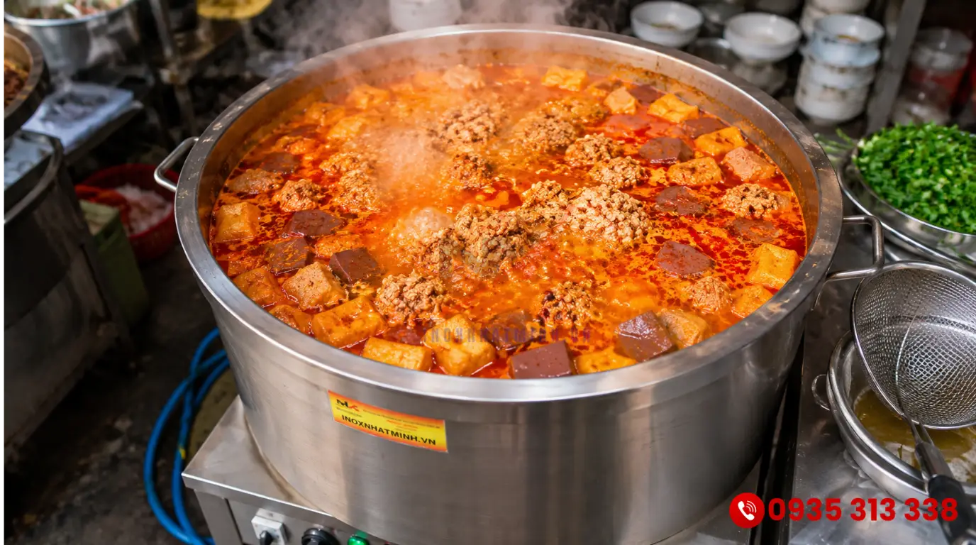 Nồi nước lèo bún riêu cua đồng sôi bốc khói với váng màu đỏ cam và tảng riêu lớn