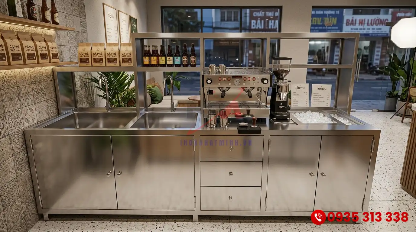 Độ dày quầy bar inox cao cấp chịu lực cho hệ thống máy pha cà phê Espresso chuyên nghiệp