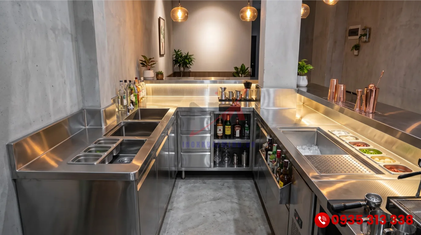 Gia công quầy bar inox bo góc kín khít với mặt bằng thực tế của quán nhỏ