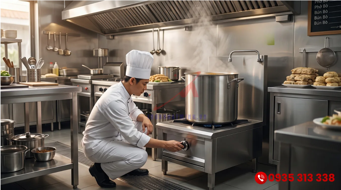 Đầu bếp đang thực hiện quy trình vận hành bếp hầm công nghiệp an toàn tại gian bếp nhà hàng