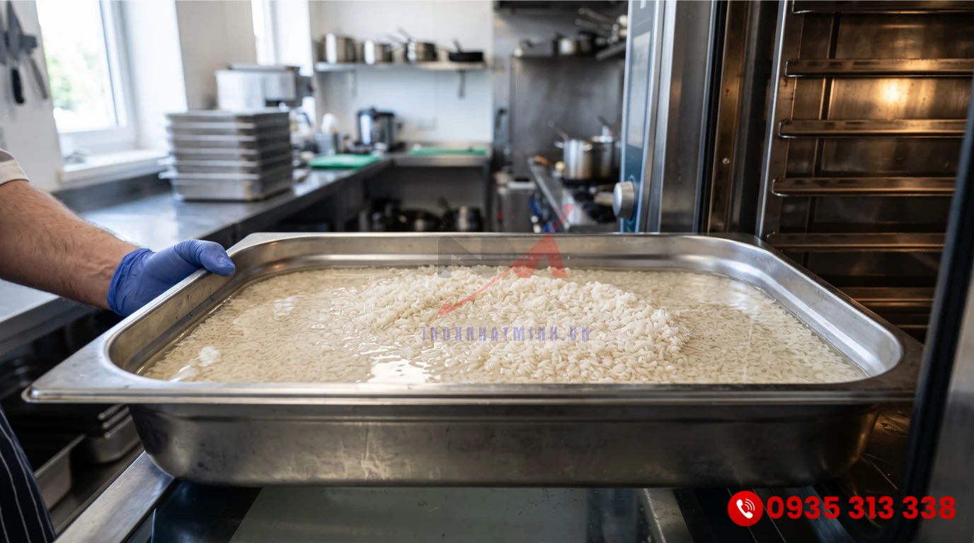 Khay inox tiêu chuẩn 40x60cm chứa 4kg gạo dùng cho tủ nấu cơm công nghiệp 20kg