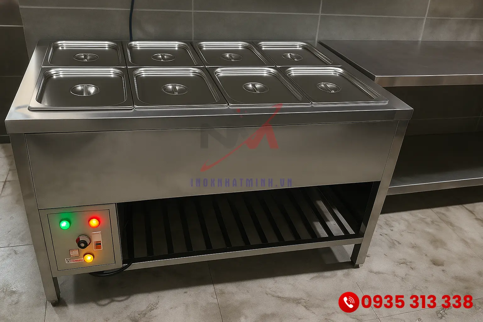 Kích thước bàn hâm nóng 6 khay tiêu chuẩn sử dụng khay GN 1/2 và inox 304