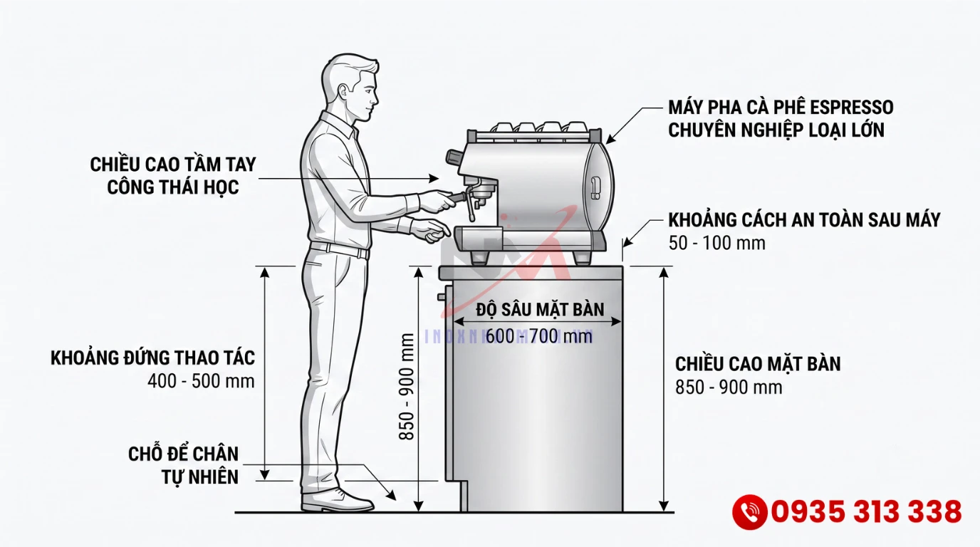 Bản vẽ minh họa kích thước công thái học tiêu chuẩn khi thiết kế quầy bar inox quán nhỏ