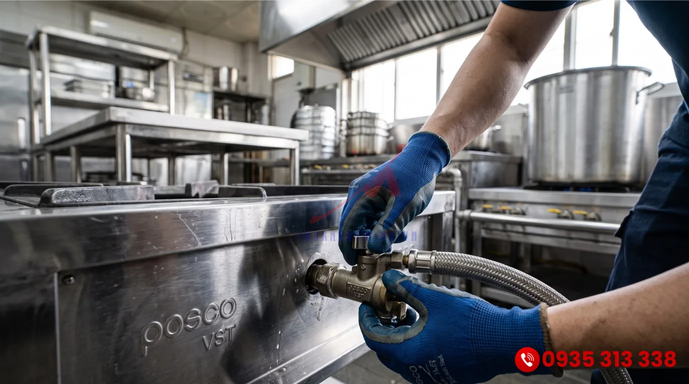 Nhân viên kỹ thuật kiểm tra van gas và dây dẫn để đảm bảo an toàn sử dụng bếp hầm trước khi nấu