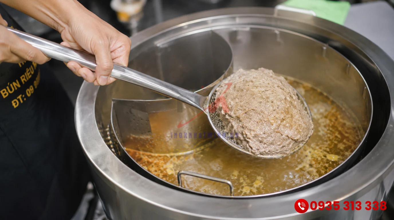 Kỹ thuật vớt riêu cua nguyên tảng không bị nát khi nấu bằng thiết bị bếp công nghiệp
