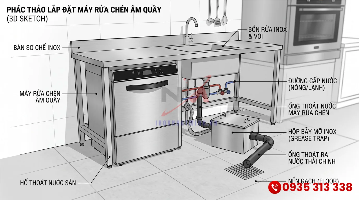 Sơ đồ kỹ thuật lắp đặt máy rửa chén công nghiệp nhỏ trong không gian hẹp