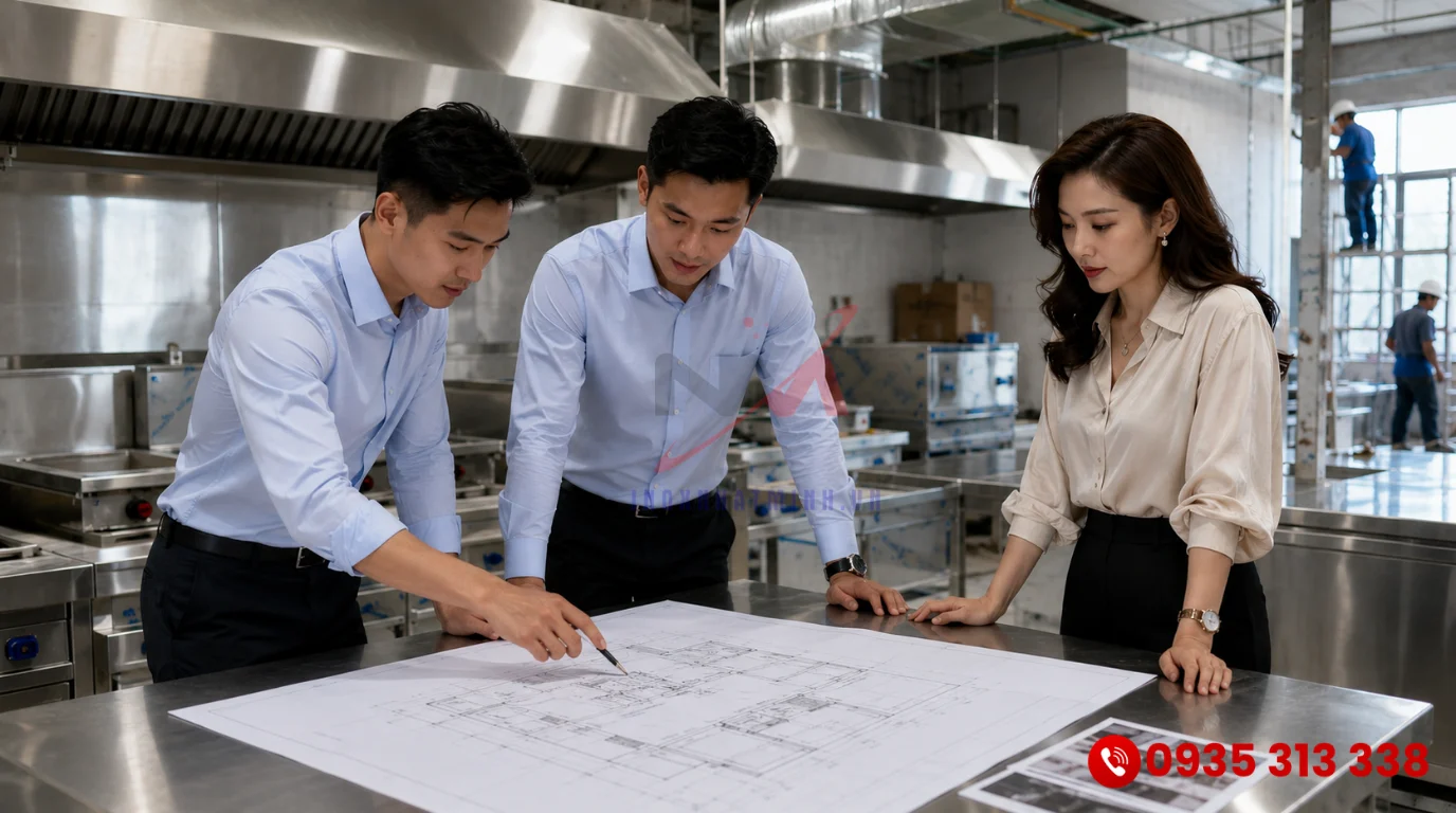 Kỹ sư Inox Nhật Minh tư vấn bản vẽ 3D bố trí hệ thống bếp một chiều chuyên nghiệp cho chủ đầu tư (Hình minh họa)