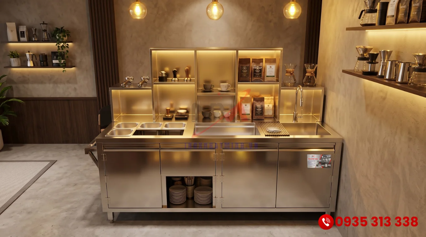Mẫu thiết kế quầy bar inox quán nhỏ tối ưu hóa toàn bộ không gian thao tác làm việc