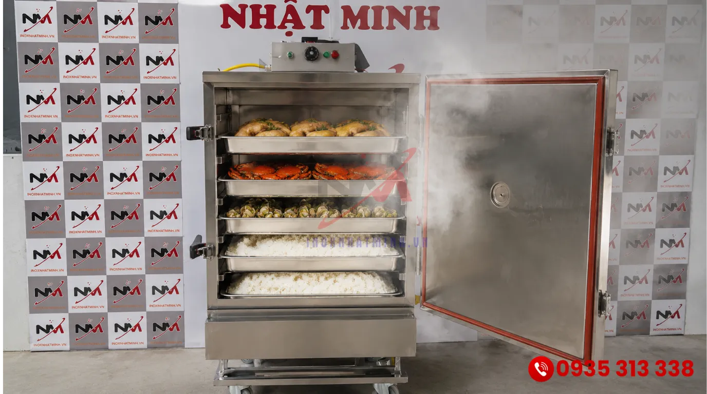 Tủ hấp cơm 6 khay đa năng cho phép vừa nấu cơm vừa hấp thực phẩm cùng lúc