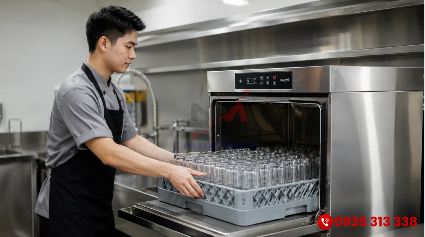 Nhân viên nhà hàng vận hành máy rửa chén công nghiệp nhỏ giúp tiết kiệm thời gian