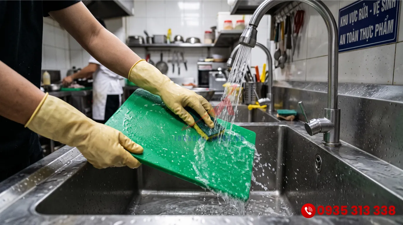 Vệ sinh thớt công nghiệp bằng dung dịch chuyên dụng ngay sau khi sử dụng