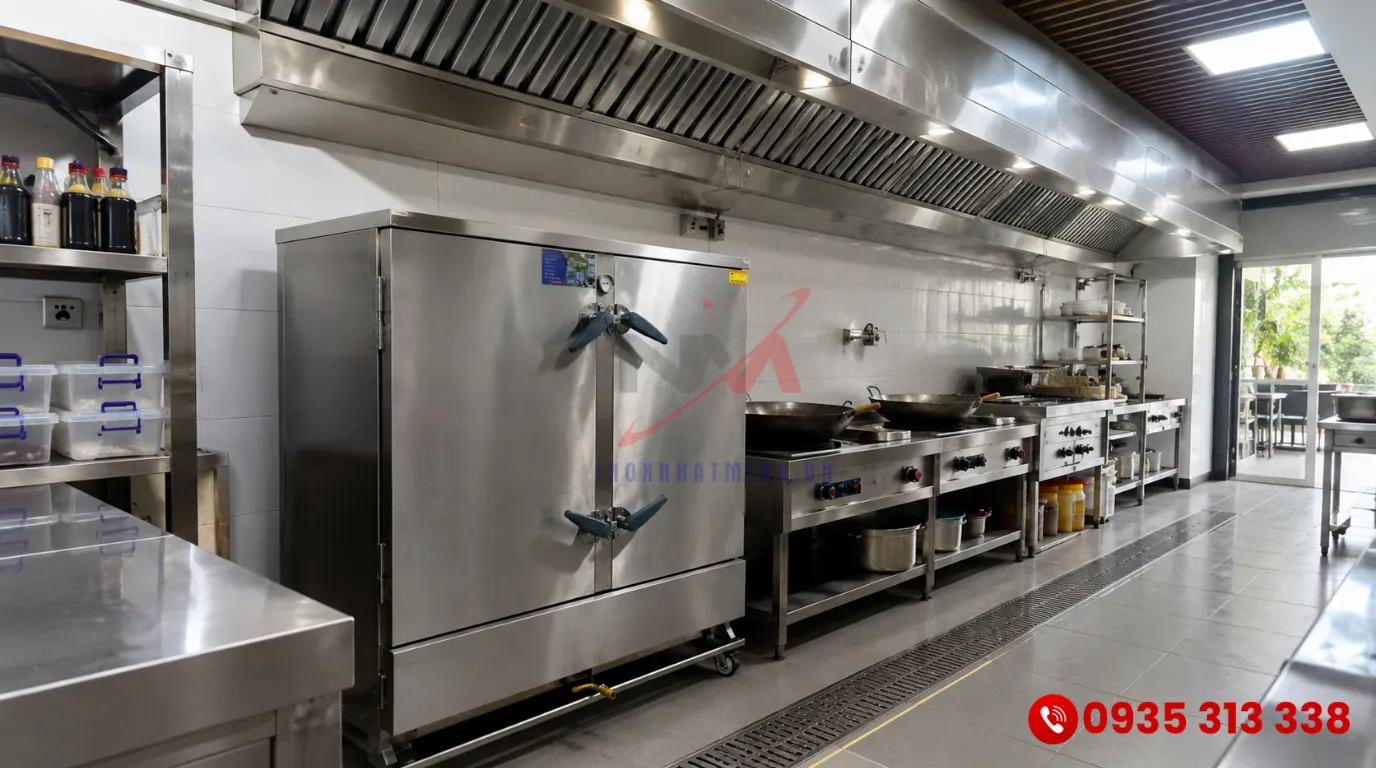 Vị trí lắp đặt tủ nấu cơm công nghiệp chuẩn xác tại khu nấu chính của bếp nhà hàng