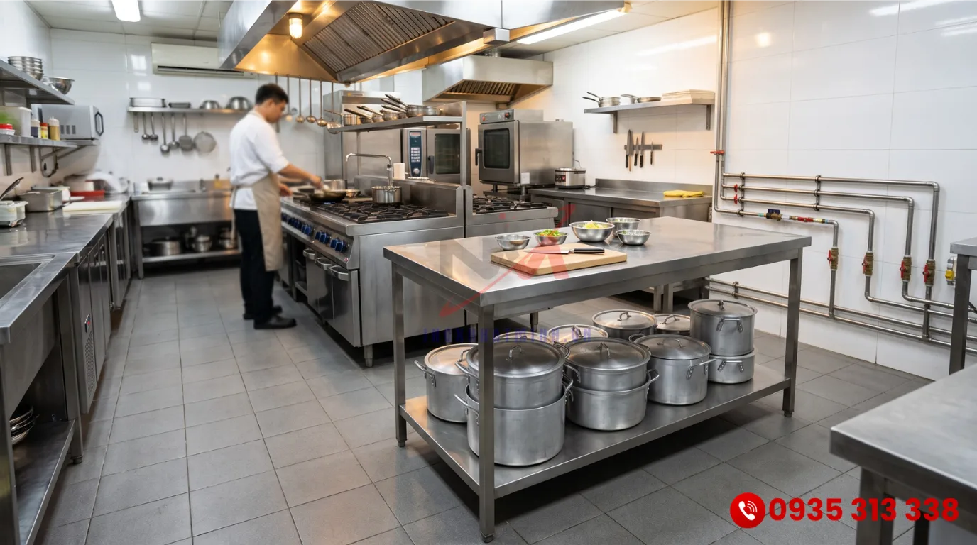 Bàn bếp inox 2 tầng có kệ phẳng giúp tối ưu không gian lưu trữ cho nhà bếp