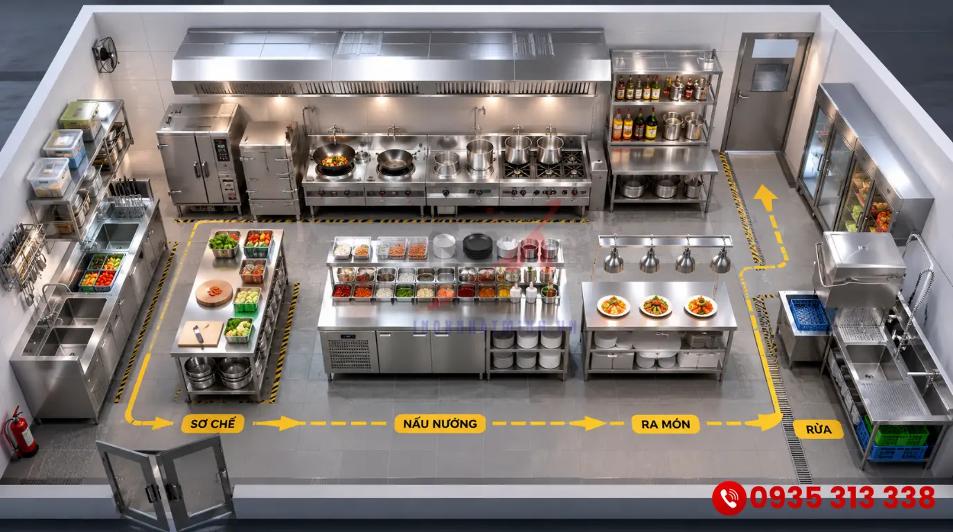 Bản vẽ thiết kế 3D hệ thống thiết bị bếp công nghiệp 1 chiều đạt chuẩn vệ sinh