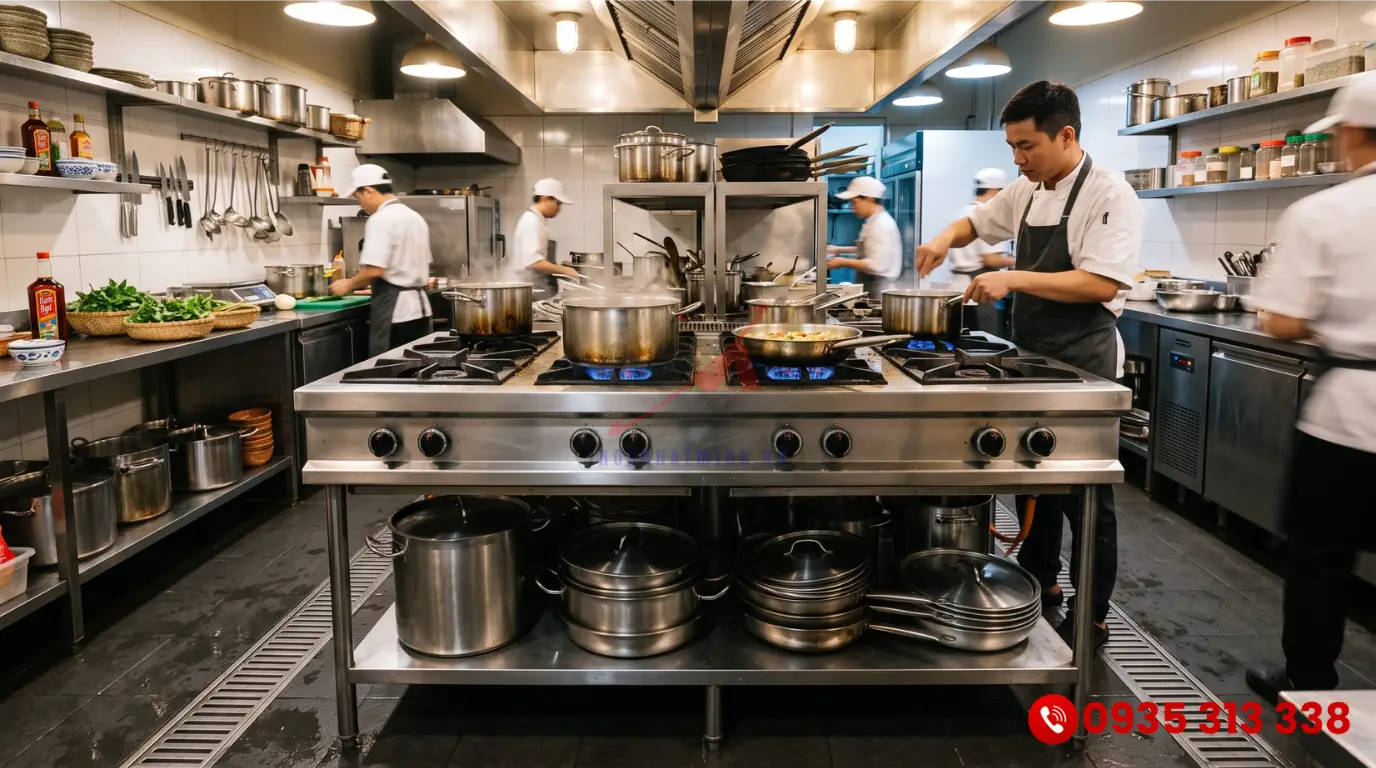 Mẫu bếp âu 4 họng chân đứng Berjaya đứng độc lập trong khu vực chế biến nhà hàng