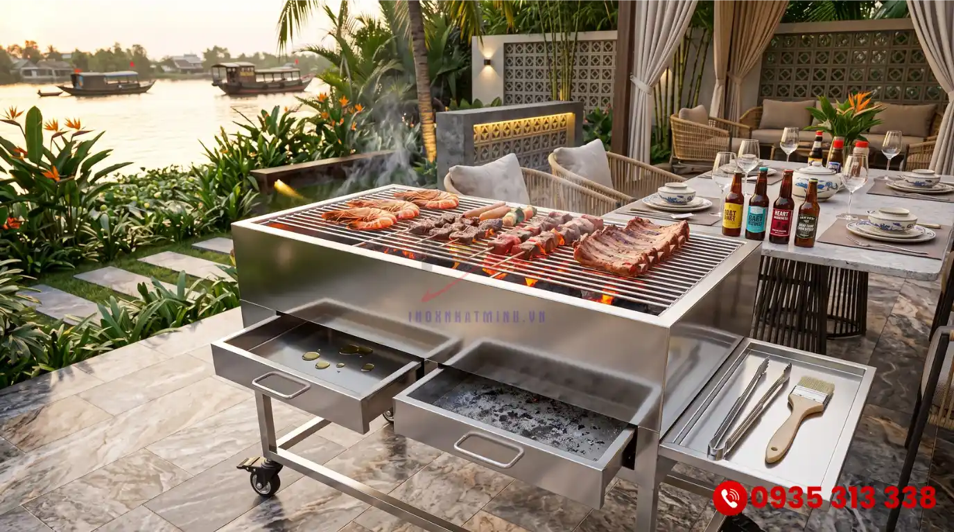 Bếp nướng inox tích hợp khay hứng mỡ và bánh xe xoay di chuyển linh hoạt