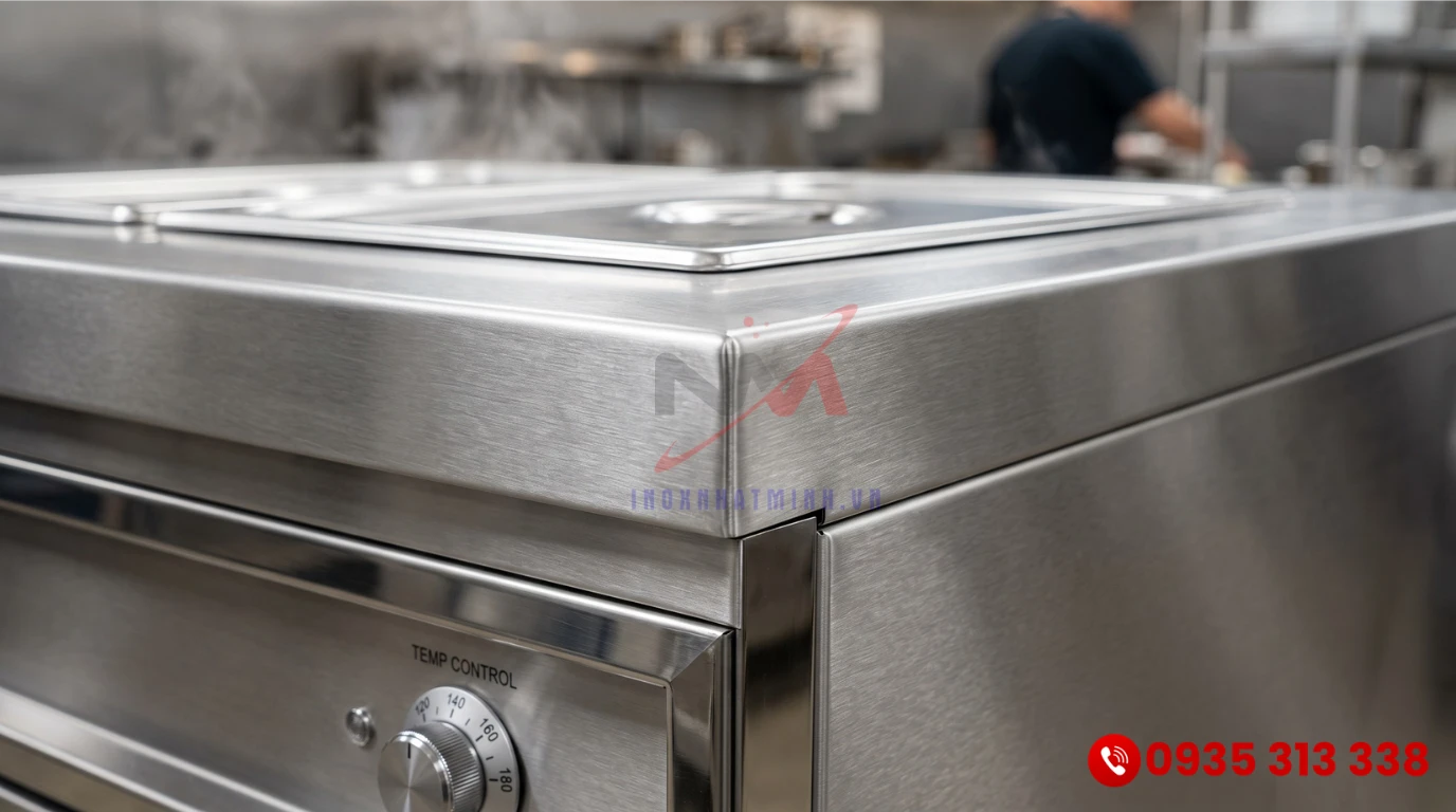 Chi tiết thiết kế quầy hâm nóng inox 304 được chấn gấp thủy lực liền khối