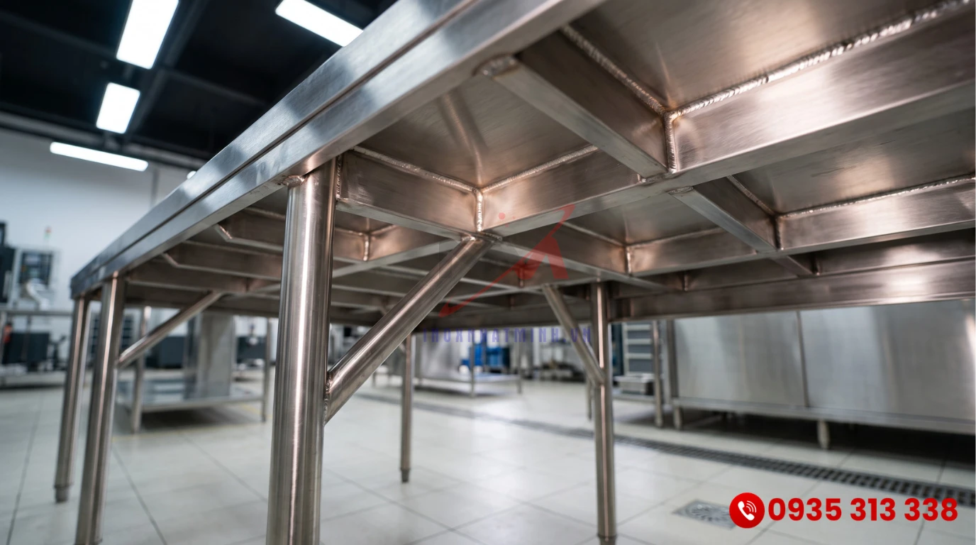 Mối hàn Argon tinh xảo trên bàn inox công nghiệp giúp chịu tải trọng lớn
