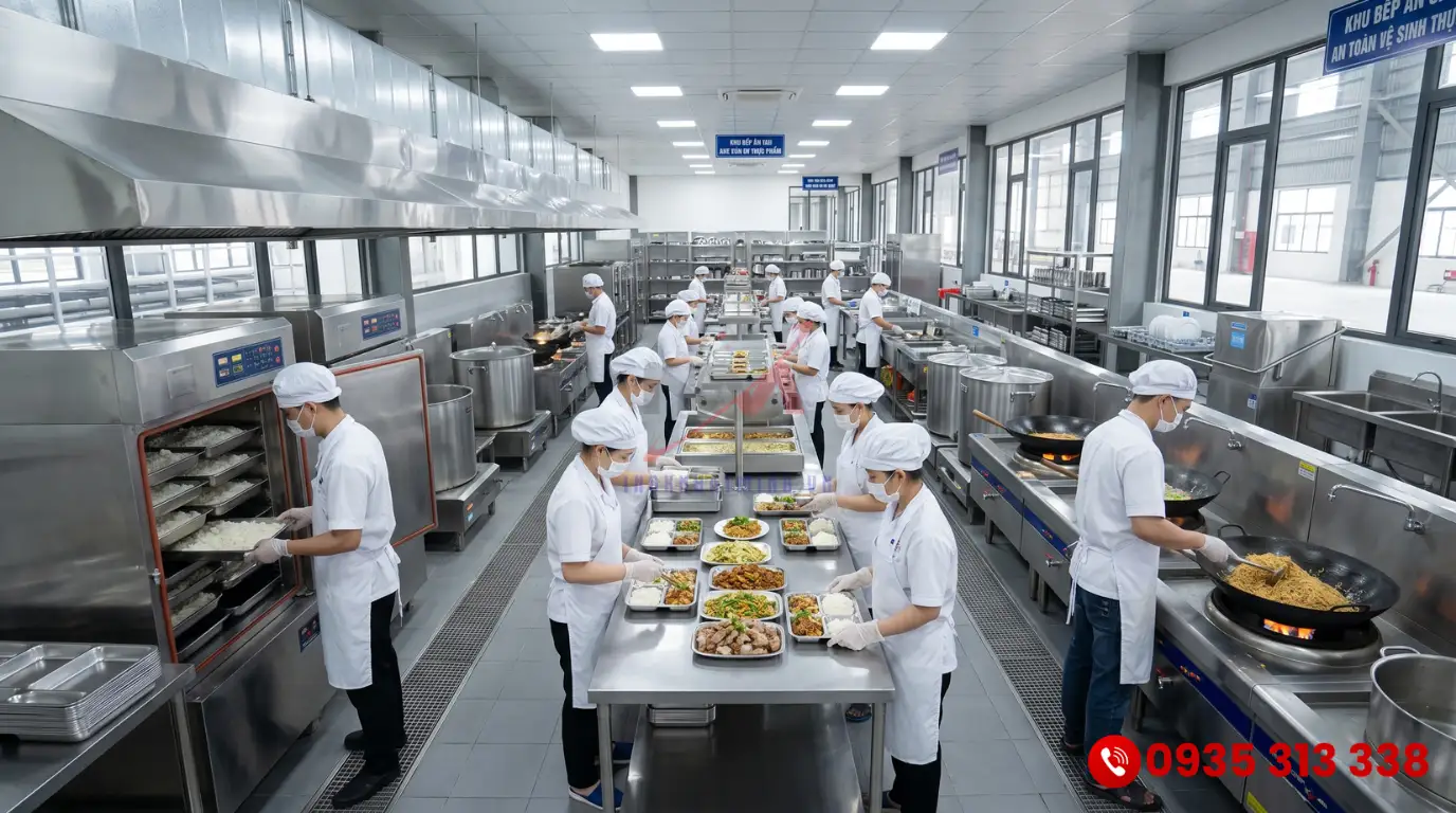 Hệ thống bàn inox và xe đẩy chia khay cơm công nghiệp