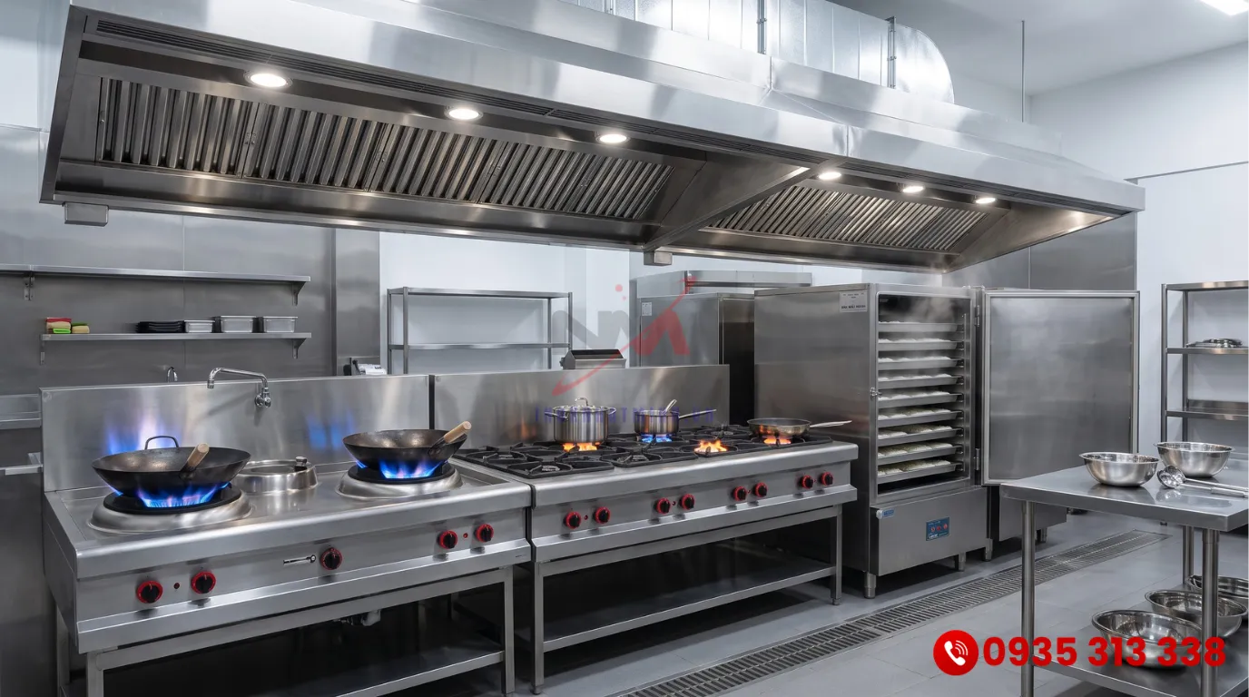 Trang thiết bị bếp nấu chính trong nhà hàng với dàn bếp Á và bếp Âu công nghiệp cao cấp