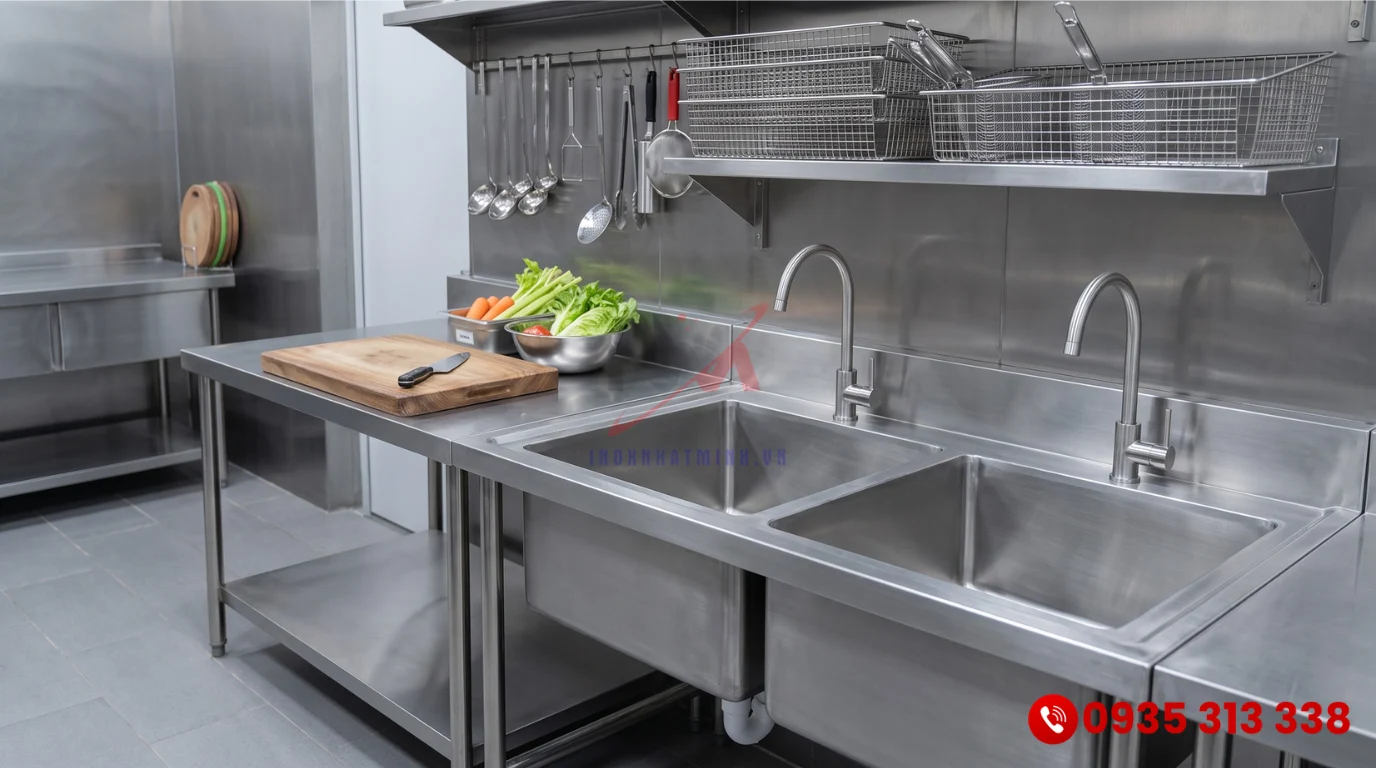 Thiết bị khu vực sơ chế bếp nhà hàng gồm chậu rửa 2 hố và bàn inox công nghiệp