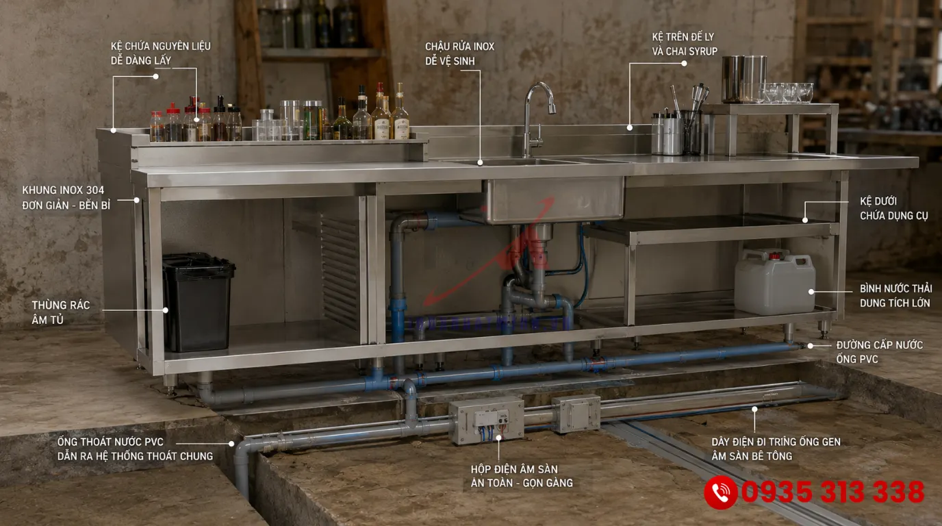 Hướng dẫn thiết kế điện nước quầy bar inox chuyên nghiệp đảm bảo an toàn và tối ưu công năng