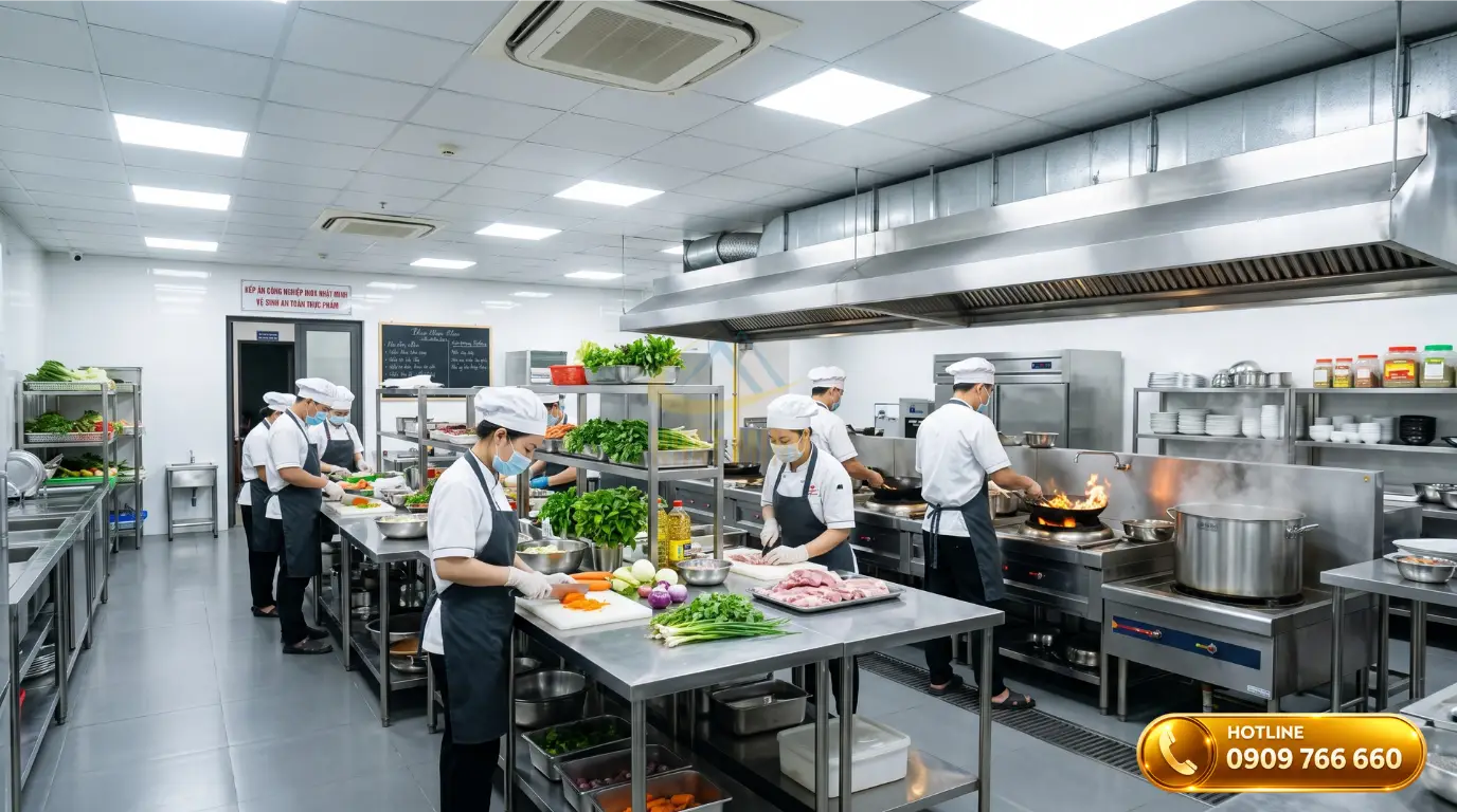 Toàn cảnh không gian nhà hàng áp dụng đúng tiêu chuẩn ánh sáng bếp công nghiệp