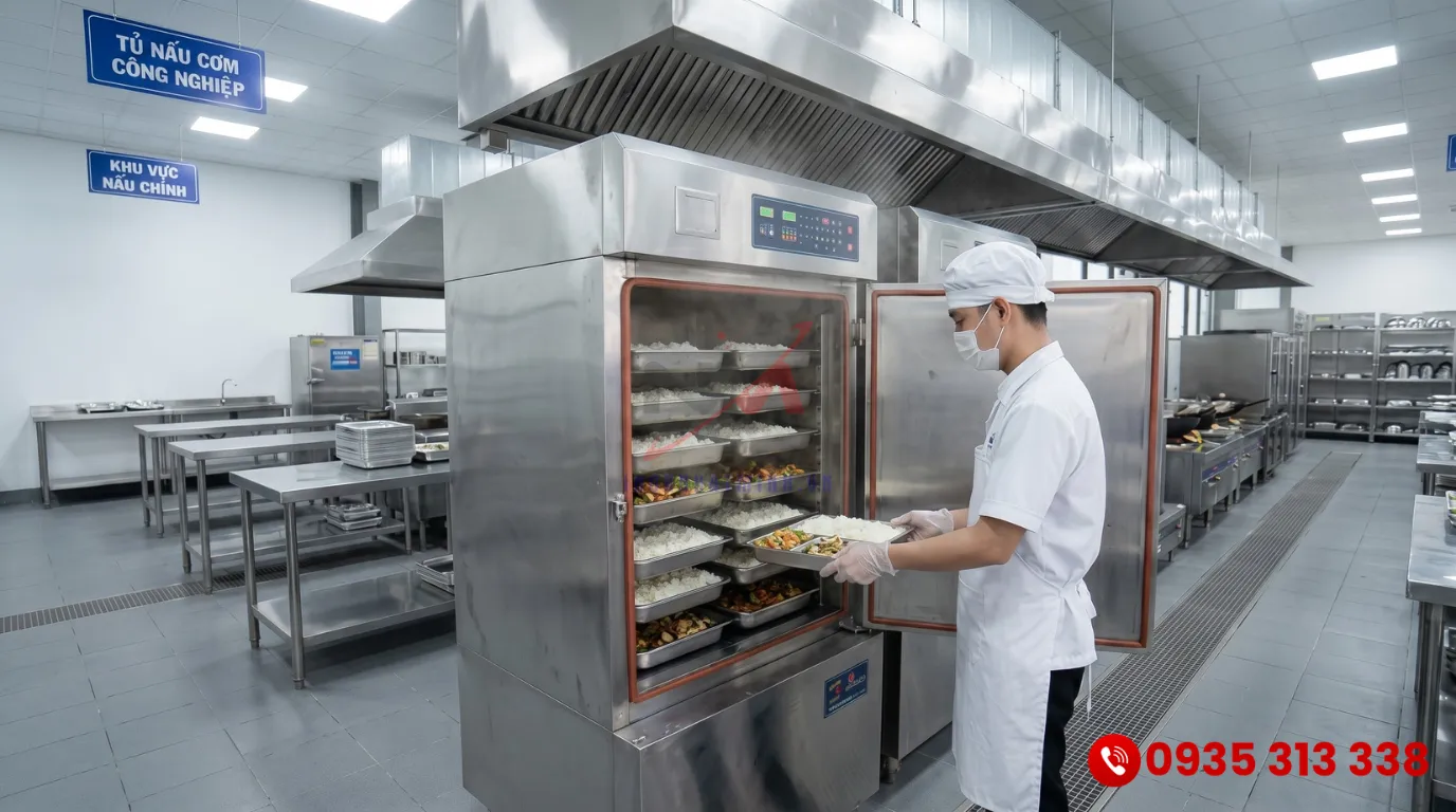 Tủ nấu cơm công nghiệp 24 khay inox 304 dùng cho bếp ăn tập thể