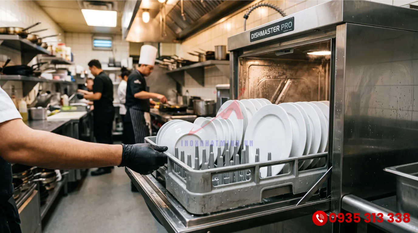 Ứng dụng thực tế của rack máy rửa chén bát công nghiệp trong khu bếp nhà hàng