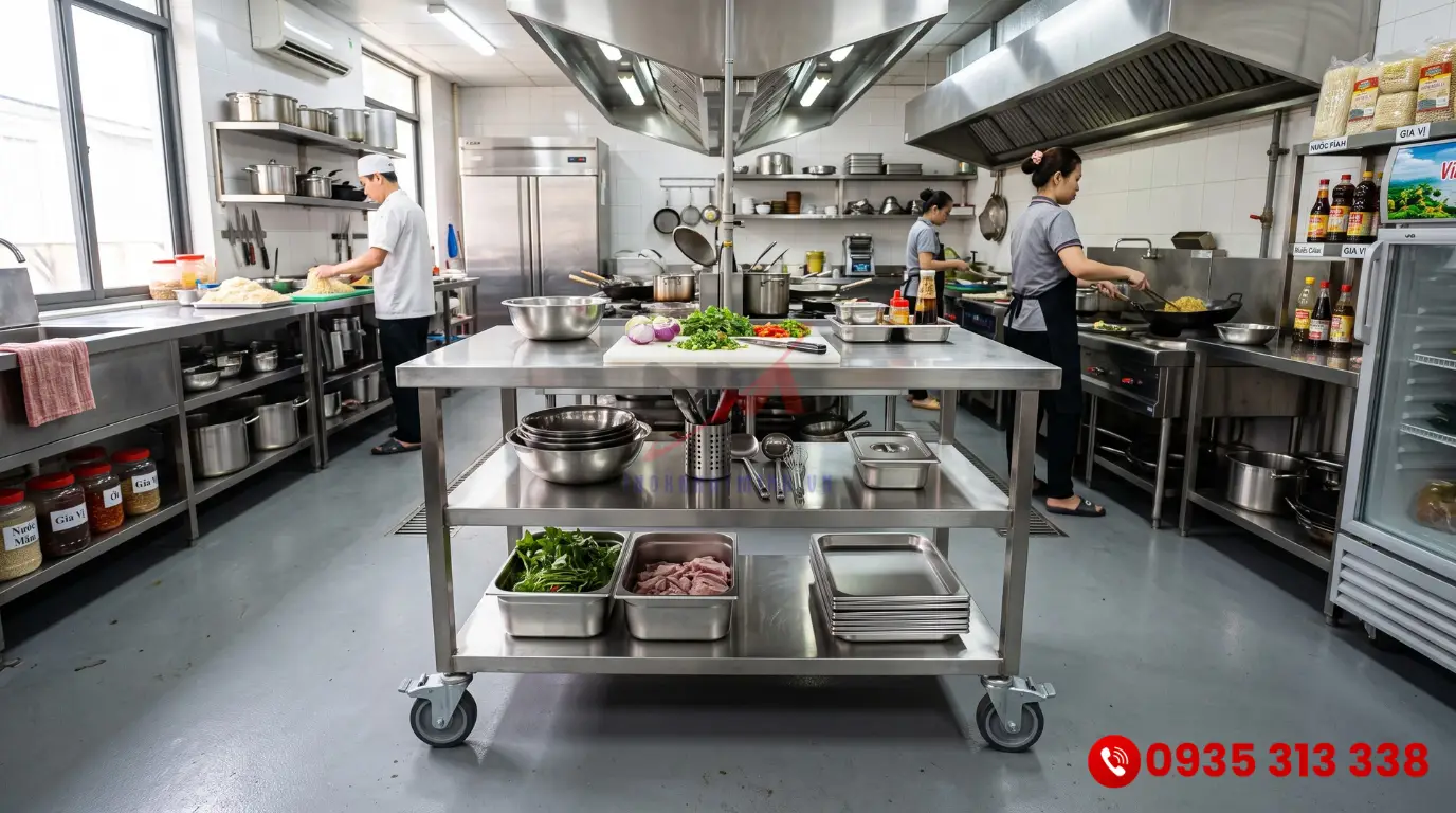 Bàn inox 3 tầng có bánh xe cao su chịu tải tốt gia công từ chất liệu inox 304 sáng bóng
