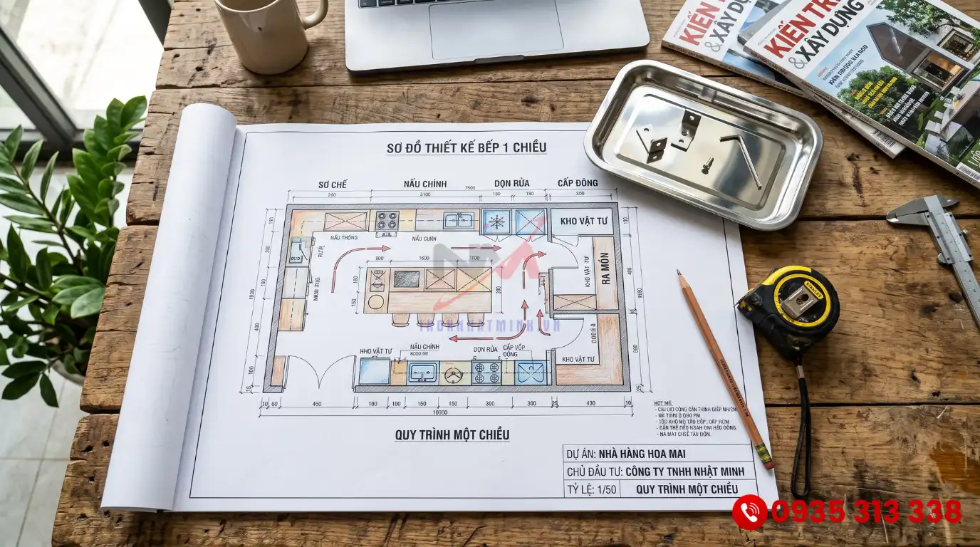Bản vẽ thiết kế layout thiết bị bếp công nghiệp 1 chiều chuẩn kỹ thuật