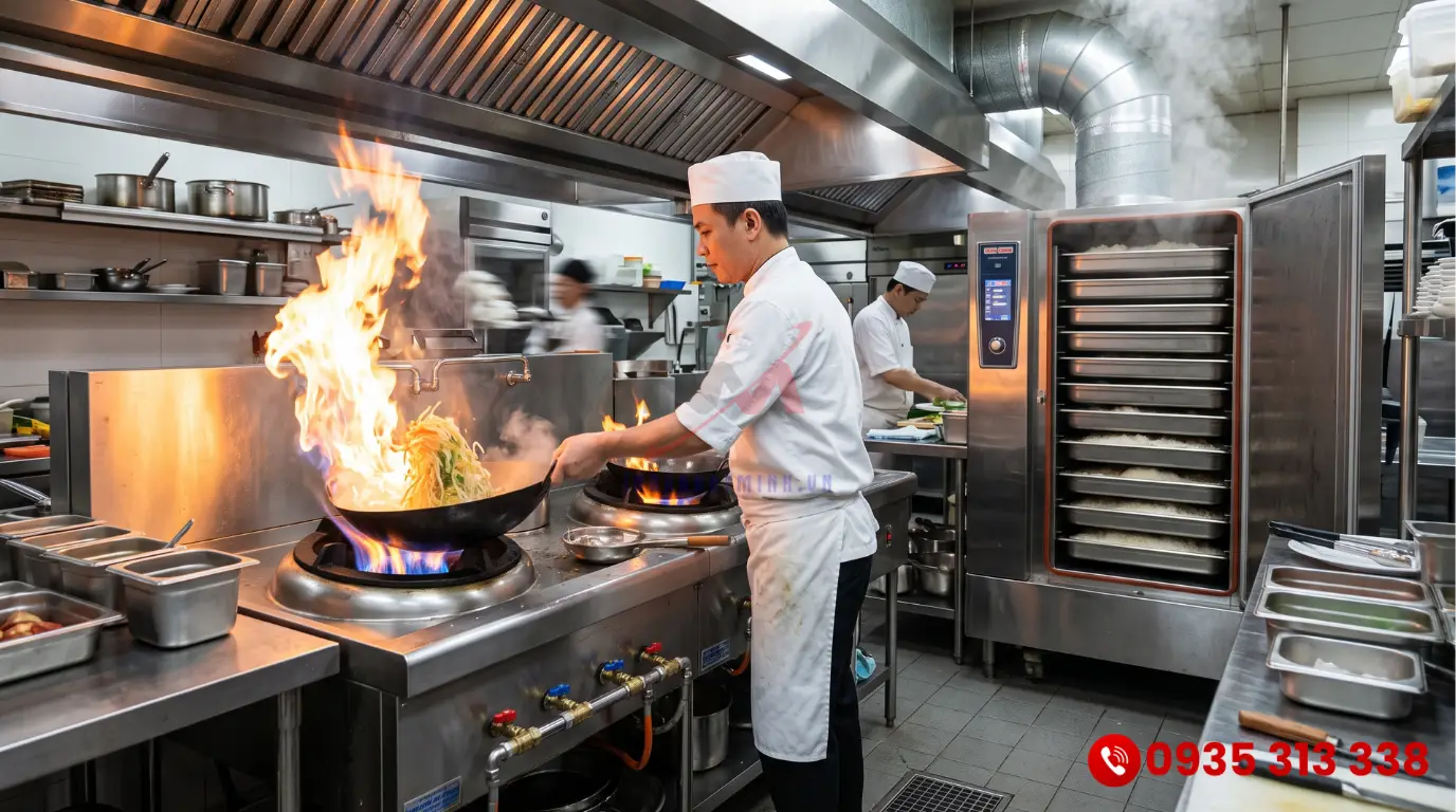 Bếp Á đôi và tủ nấu cơm công nghiệp inox