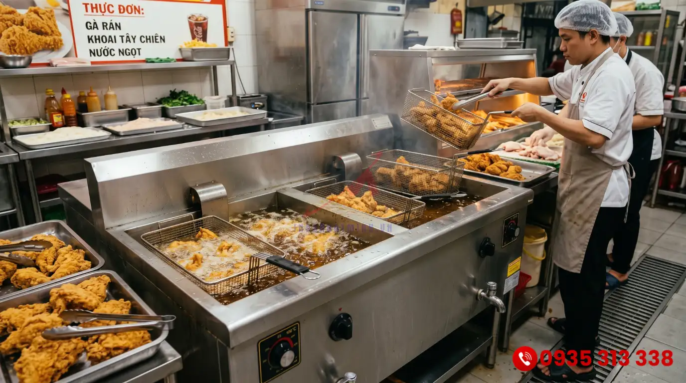 Bếp chiên điện công nghiệp 50L làm từ inox chịu tải cường độ cao