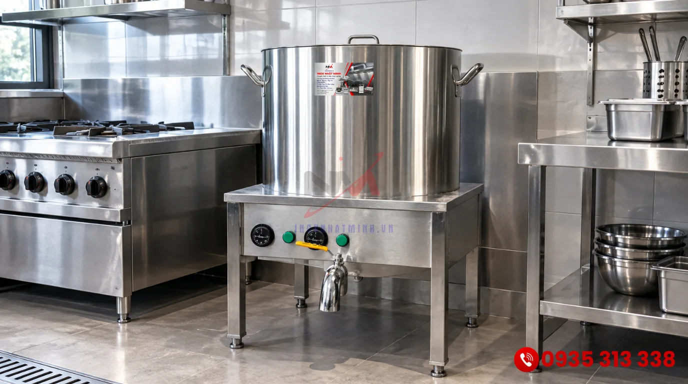 Cấu tạo nồi nấu cháo công nghiệp inox 304 nguyên khối sáng bóng