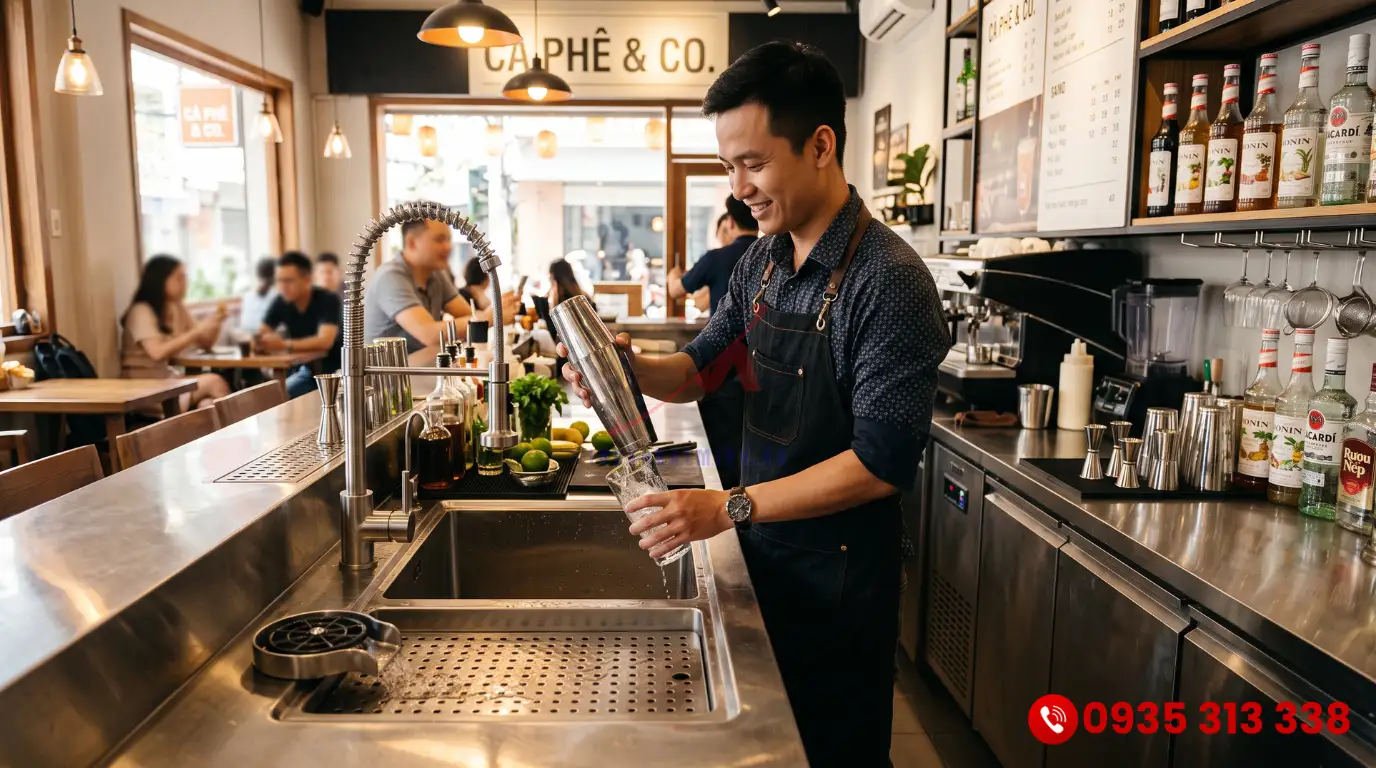 Thiết kế khu vực trạm dọn rửa vệ sinh cho quầy bar inox.