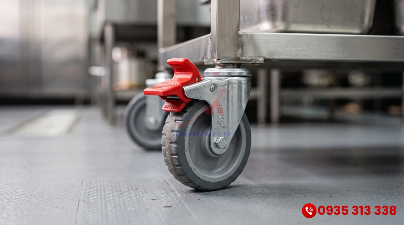 Cận cảnh hệ thống bánh xe chịu tải có chốt khóa phanh an toàn của bàn inox di động