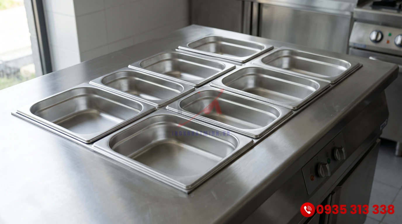 Chi tiết kết cấu khay GN tiêu chuẩn trên mẫu quầy hâm nóng inox 304 cao cấp