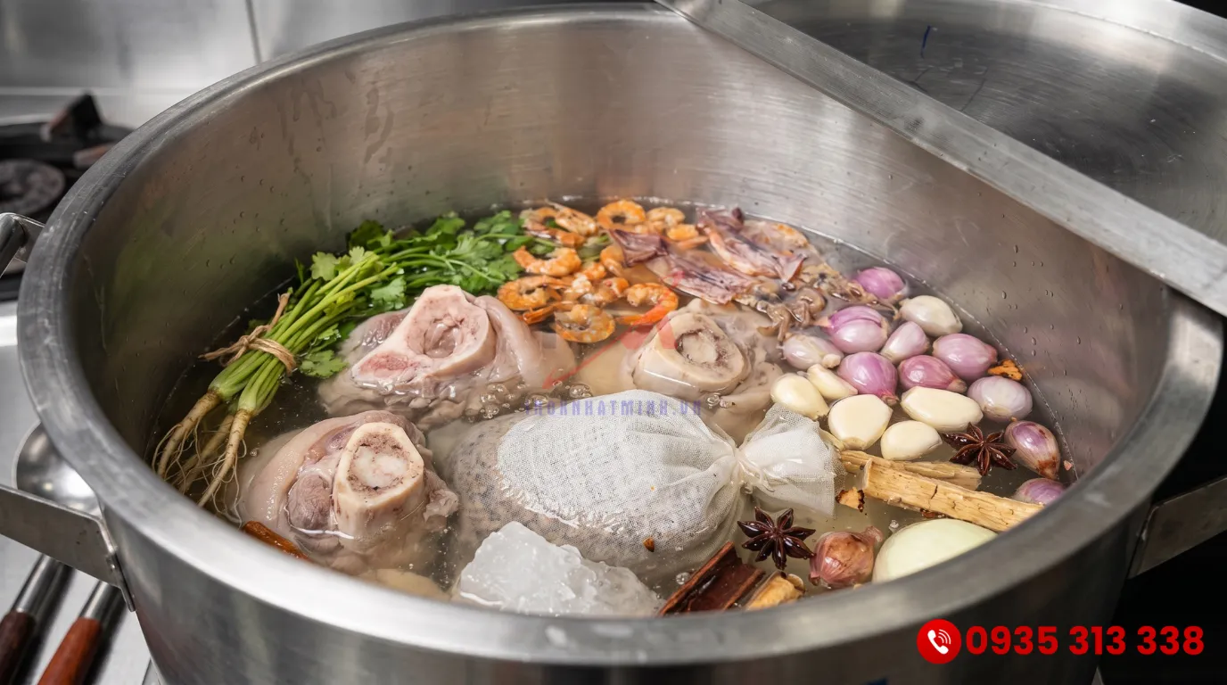 Kỹ thuật hầm xương giúp nước lèo hủ tiếu Nam Vang trong vắt bằng nồi điện