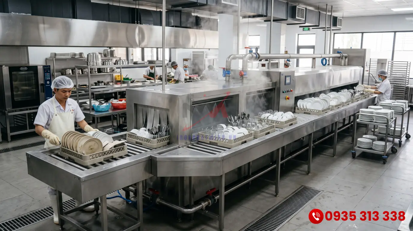 Hệ thống máy rửa chén công nghiệp kiểu băng chuyền công suất lớn bằng inox cao cấp