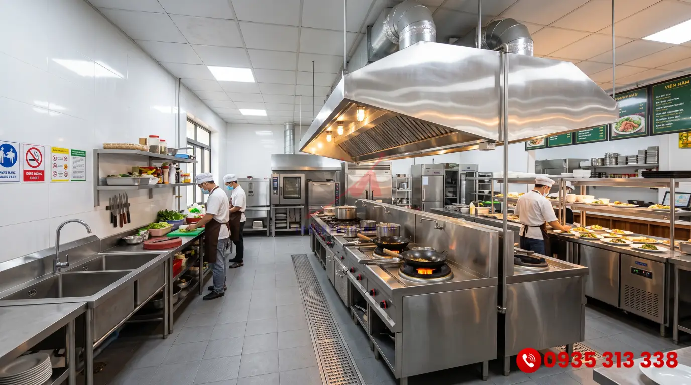 Không gian bếp nhà hàng công nghiệp trang bị thiết bị inox sáng bóng
