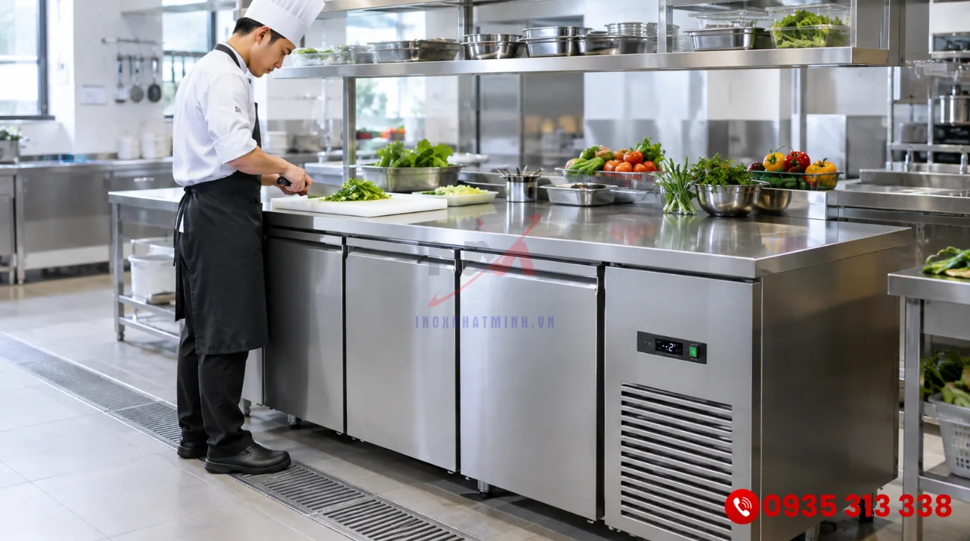 Kích thước tủ bàn mát inox nằm ngang tích hợp bàn sơ chế thực phẩm