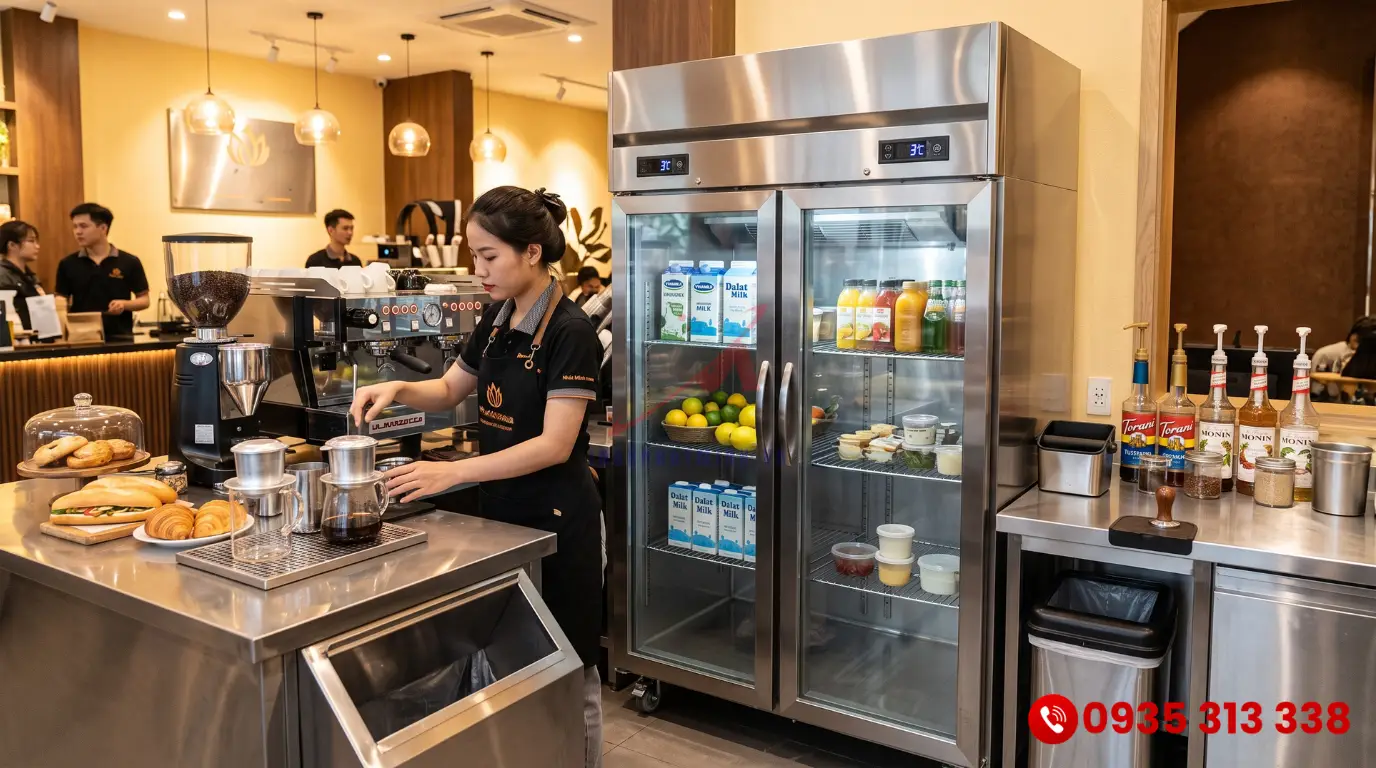 Thông số kích thước tủ mát công nghiệp 2 cánh nhỏ gọn đặt tại quầy bar